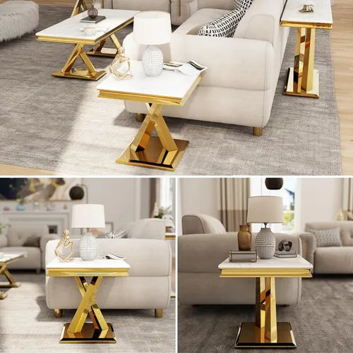 Vista 7 de Juego de 2 mesas auxiliares doradas, mesa auxiliar cuadrada blanca moderna con base en X de metal pulido dorado, elegante mesa decorativa