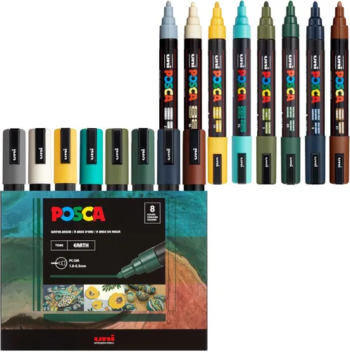 Vista 17 de Posca PC-5M Rotuladores de Pintura a Base de Agua, Punta Media Reversible (1.8-2.5mm), Tono Fresco, Pack de 8 Frío