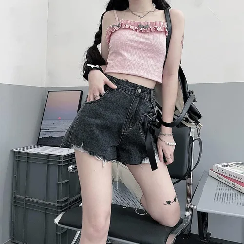 Vista 2 de ZLMuMulin Y2K Harajuku Style Kawaii Pastel Gothic Fashion High Waist Wide Leg Vintage Ribbon Ripped Jeans Shorts