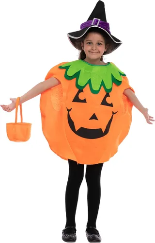 Vista 5 de Spooktacular Creations Disfraz unisex de calabaza de bruja grande para niños con canasta de juguetes, sombrero de bruja para niños pequeños, fiesta