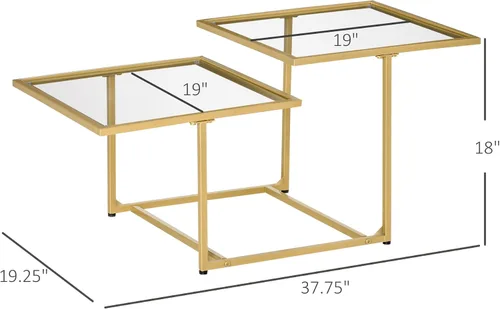 Vista 3 de HOMCOM Mesa auxiliar, mesa de centro de cristal templado con 2 mesas cuadradas, mesas de centro modernas para sala de estar, dormitorio, color dorado