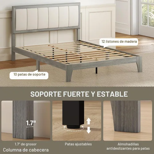 Vista 6 de HOMCOM - Base de cama de tamaño matrimonial, cabecera tapizada, listones de madera, color gris Marco de cama de plataforma, no necesita somier