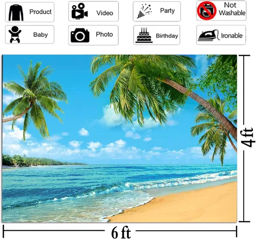 Vista 3 de Fondo tropical de verano para fotografía de palmera o playa de Hawaii, 7 x 5 pies, cielo marino azul, sol, Luau, fiesta, fondo de foto, boda, novia