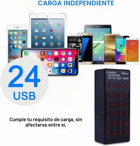 Vista 2 de Estación de carga USB de 24 puertos de 100 vatios (20 A), cargador rápido de escritorio para el hogar, múltiples cargadores, adecuado para hoteles