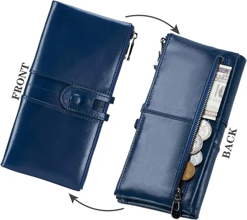 Vista 4 de ROULENS - Billetera de cuero genuino para mujer, con tarjetero, compartimiento para celular, chequera, monedero, con cremallera, cartera Rfid, L