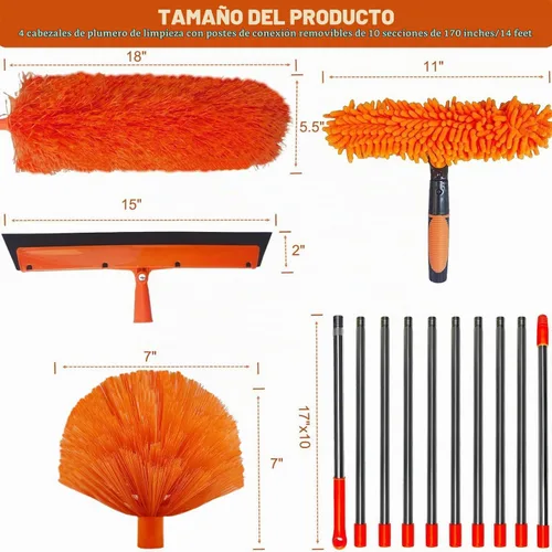 Vista 2 de Kit de plumero de gran alcance de más de 20 pies con poste de extensión de 3 a 14 pies/ Kit de limpieza de techos altos y limpieza de ventanas