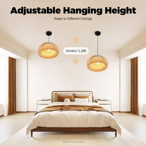 Vista 6 de Lámpara colgante de bambú tejida a mano, lámpara de ratán de una sola luz, tejido de madera natural, accesorio colgante de techo con cable ajustable