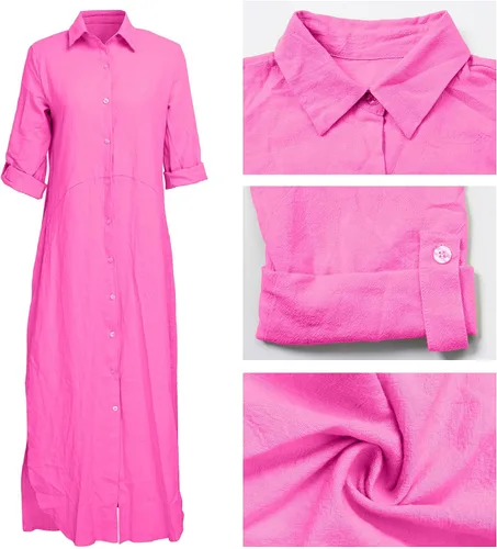 Vista 5 de Maxivestido con botones para mujer, estilo casual, holgado, manga larga, enrollable, vestido con abertura