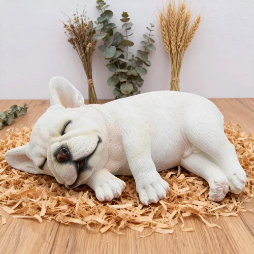 Vista 11 de Figura de bulldog francés durmiendo, estatua creativa de bulldog de resina, linda escultura de bulldog para decoración del hogar y la oficina