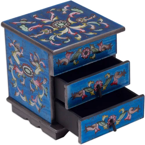 Vista 4 de NOVICA Joyero de madera y vidrio pintado inverso, azul 'Celestial Blue
