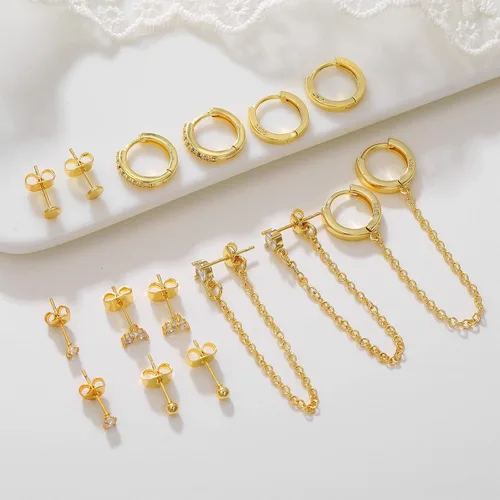 Vista 5 de Juegos de aretes de plata y oro para múltiples piercings, aretes de cartílago pequeños hipoalergénicos de plata de ley