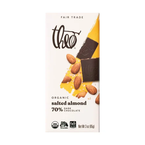 Vista 6 de Barras de chocolate negro orgánico con almendra salada Theo, 70% cacao, paquete de 6 unidades Vegano, comercio justo
