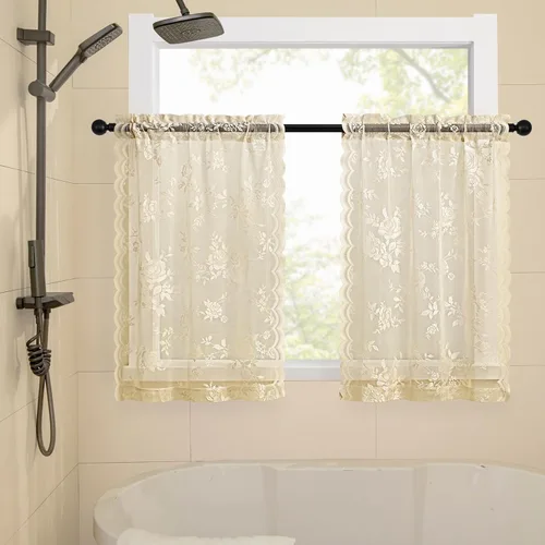 Vista 3 de Cortinas de encaje beige, juego de 2 paneles de cortinas traslúcidas con bolsillo para cortinero, decoración de ventana pequeña, baño, sótano