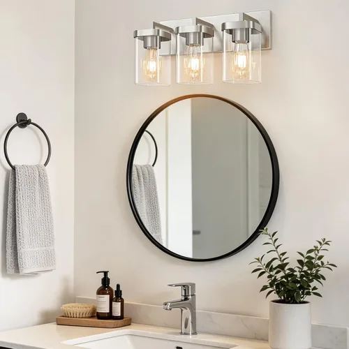 Vista 9 de Lámparas de baño de 3 luces sobre espejo, luces de tocador de níquel cepillado con pantalla cuadrada de vidrio transparente. Moderna lámpara