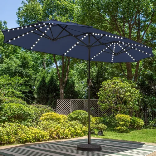 Vista 11 de PHI VILLA - Sombrilla para patio de 13 pies con luces LED de 120 piezas con alimentación solar que cambian de color, sombrilla grande de triple Beige