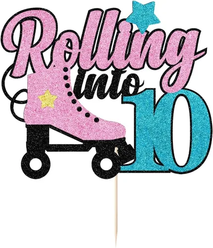 Vista 7 de Decoración para tartas de 10 años con diseño de patín de 10 años, decoración de pastel de 10 años de edad, retro, para niñas, club, hip hop, fiesta