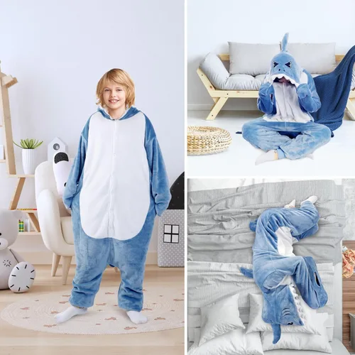 Vista 3 de Pijama de tiburón para adulto Disfraz de tiburón para cosplay, diseño de pierna abierta no afecta a caminar, franela súper suave y acogedora (XXL)