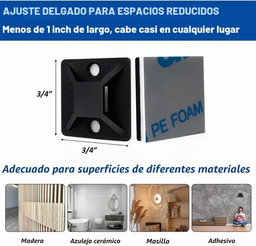 Vista 3 de Kit de soportes de cable con pegamento trasero autoadhesivo fuerte - 100 piezas de clips de gestión de cables con bridas de 6 pulgadas, soportes