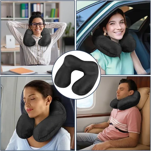 Vista 7 de flintronic Almohada inflable de viaje, almohada inflable de viaje para avión, soporte de cuello de terciopelo suave, almohada ergonómica ligera