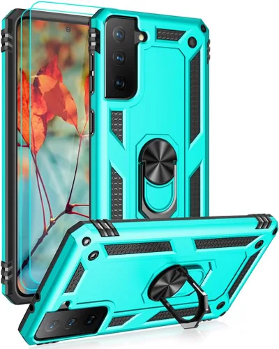Vista 11 de Androgate Funda compatible con Samsung Galaxy S21 FE 5G con protectores de pantalla HD, soporte de anillo de metal de grado militar, prueba de Negro