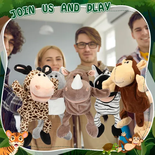 Vista 5 de Lenwen Juego de 10 títeres de mano de animales para niños, juguetes de selva de felpa suave con boca abierta y movible, amigo, safari, vida