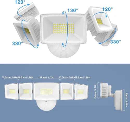 Vista 3 de Luz de inundación LED para exteriores de 120 W, luces de seguridad exteriores de 5 cabezales, 6500 K súper brillante, resistente al agua, IP65