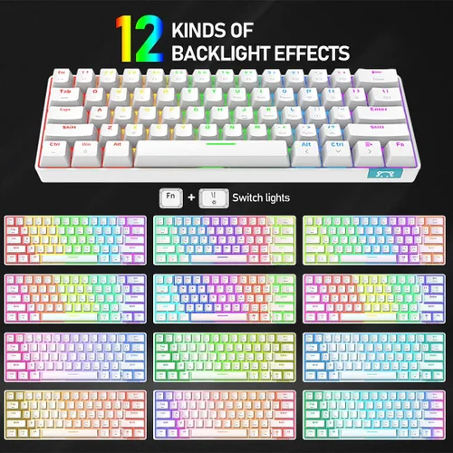 Vista 3 de Teclado mecánico para juegos 60% con cable, Chroma RGB 12 LED retroiluminado tipo C, inalámbrico, 61 teclas, teclado compacto para juegos, Bluetooth