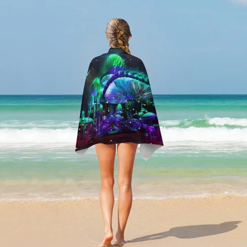 Vista 5 de Toalla de playa de hongos gigantes, temática de fantasía de plantas de bosque natural espacial para campamento/baño/toalla de baño para adultos