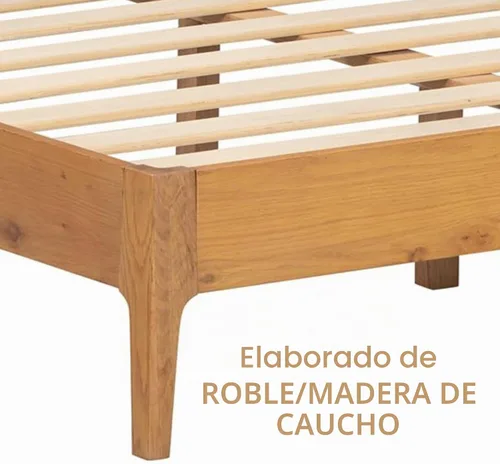 Vista 4 de NTC Marco de Cama de Madera Ruby con Cabecero y Ratán Natural, Base de Madera Sólida de Roble/Caucho con Listones Silenciosos, Capacidad de 1000