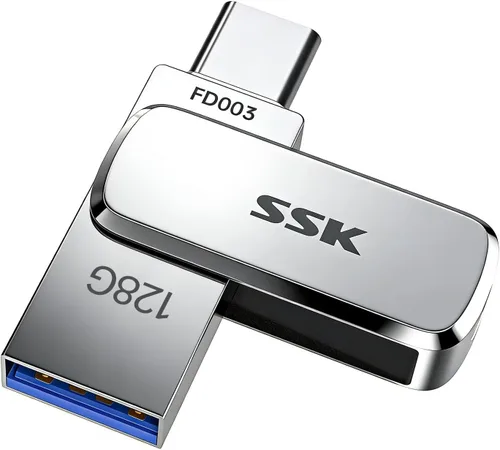 Vista 10 de SSK Unidad flash USB dual de 64 GB, USB C Thumb Drive, hasta 240 MB/s Tipo-C y USB-A 3.2 FlashDrive Memory Stick, Zinc Pendrive para iPhone