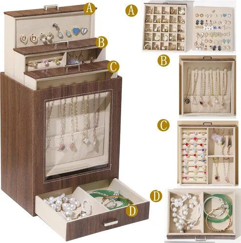 Vista 2 de Tian Ye Zhou Joyero vertical para niña, de piel sintética, con 4 capas, organizador de aretes, collar, anillo, pulsera, joyero, caja de joyería