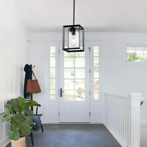 Vista 8 de Paquete de 1 lámpara colgante de isla de cocina negra de granja, altura ajustable, barra de metal colgante moderna con jaula de metal, pantalla