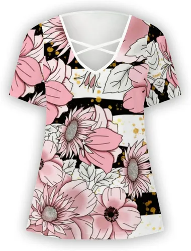 Vista 4 de Summer Tops for Women Short Sleeve Criss Cross V-Neck T-Shirt Floral Print Casual Plus Size Tunic Tops for Leggings
