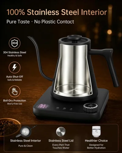 Vista 5 de Hervidor eléctrico de cuello de cisne para verter sobre café, control de precisión de ±1 °F, calefacción inteligente de dos etapas, 2 horas