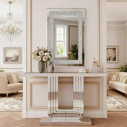 Vista 26 de Mesa Consola Negra con Espejo, Mesa de Sofá de Cristal Rectangular de 48 pulgadas con Elementos Tallados Vintage con Espejo, Muebles de Espejo