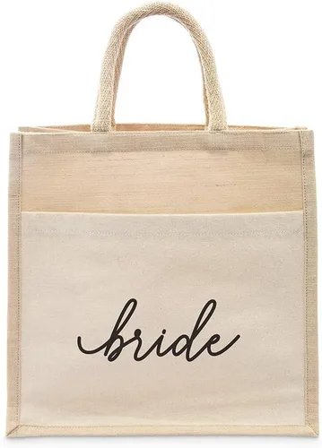 Vista 7 de WEDDINGSTAR Bolso de asas tejido medio personalizado de yute con bolsillo