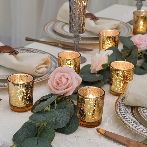 Vista 3 de DEVI Portavelas votivas doradas, 24 unidades, candelabros de cristal de mercurio, centros de mesa de boda dorados para decoración de mesa