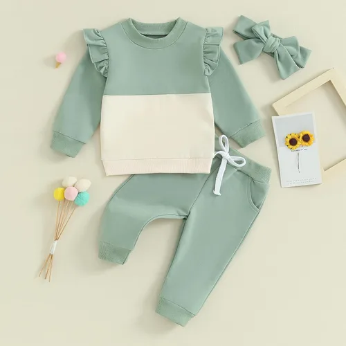 Vista 2 de Conjunto de 3 piezas de sudadera de manga larga con volantes y bloques de color para bebé niña