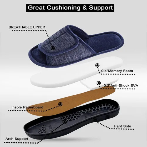 Vista 4 de DL Pantuflas ajustables de espuma viscoelástica para hombre, con punta abierta, cómodas para interiores y exteriores, acogedoras y transpirables