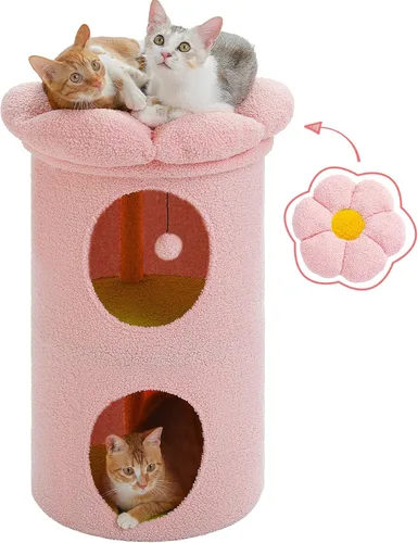 Vista 11 de PETEPELA Camas para gatos de 2 niveles para gatos de interior, casa pequeña en árbol para gatos con cama extraíble, bonita cueva escondida