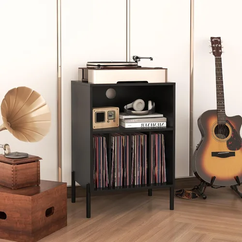 Vista 3 de Tangkula Soporte para tocadiscos, mesa auxiliar giratoria con estación de carga y armario de almacenamiento de discos de vinilo con capacidad