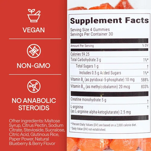 Vista 2 de Gomitas de monohidrato de creatina 0.18 oz – 5X energía con B12, B6 y L-Arginina – Construye músculo y fuerza – Suplemento de gimnasio – Creatina