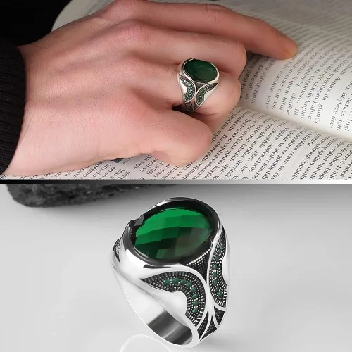 Vista 2 de Anillo de plata de ley 925 para hombre con piedra preciosa esmeralda, anillo de plata grabado hecho a mano, regalo para él, anillo de plata