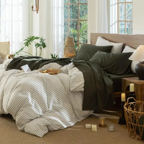 Vista 6 de MooMee Sábana bajera ajustable de solo 100% algodón lavado con textura parecida al lino, transpirable, duradera, suave, cómoda, bolsillo profundo