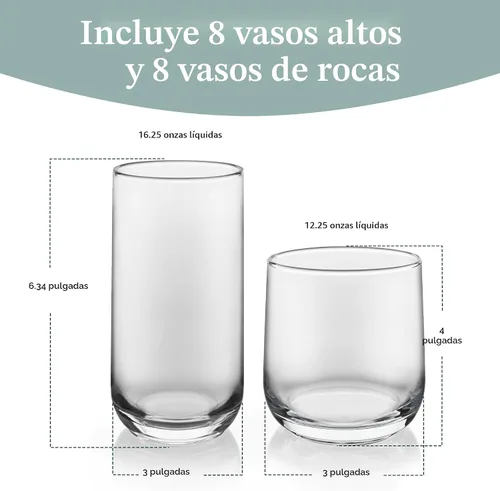 Vista 3 de Libbey Ascent Tumbler and Rocks - Juego de 16 vasos de vidrio con curvatura, juego de cristalería versátil para fiestas y más
