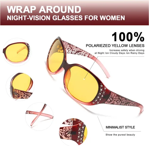 Vista 2 de LVIOE Gafas de conducción de visión nocturna envolventes antirreflejos con lente amarilla polarizada para mujer