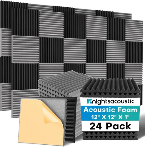 Vista 26 de Knightsacoustic Paquete de 24 paneles acústicos de espuma a prueba de sonido con autoadhesivos para pared, 12 x 12 x 2 pulgadas, de alta densidad