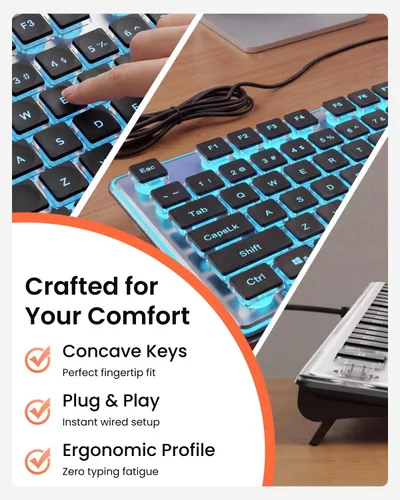 Vista 6 de SEUNKWANG Teclado retroiluminado con cable con teclas de pudín, teclado silencioso de computadora de tamaño completo, retroiluminación azul, fácil