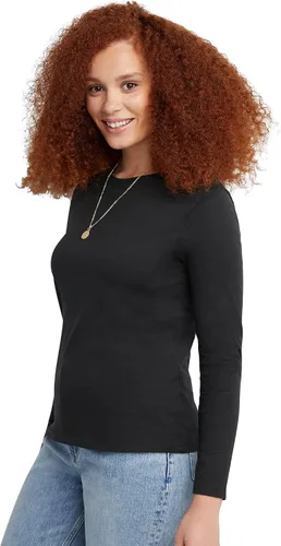 Vista 3 de Hanes Camiseta de algodón de manga larga para mujer, camiseta ligera con cuello redondo, ajuste moderno