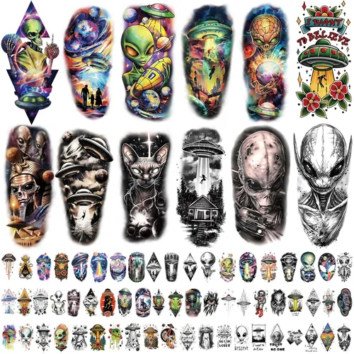Vista 7 de Tatuajes temporales para hombres y mujeres adultos, 77 hojas de calcomanías de tatuaje falsas, lágrimas de serpiente, relojes, planetas